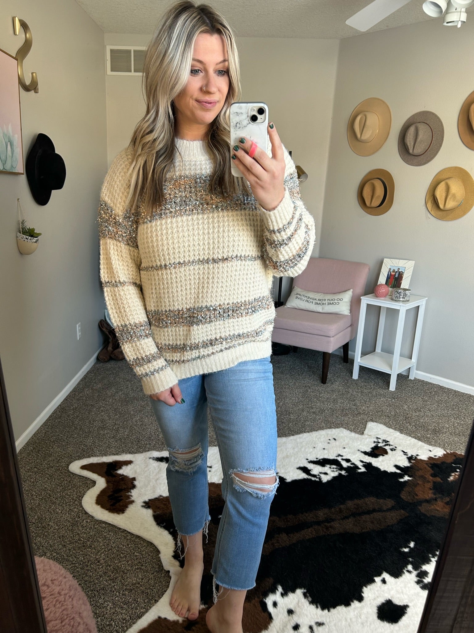 Tell You Everything Knit Striped Crew Sweater - Ivory Combo