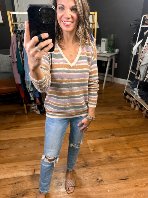 In The Past Striped V-Neck Lightweight Sweater - Purple/Teal/Taupe