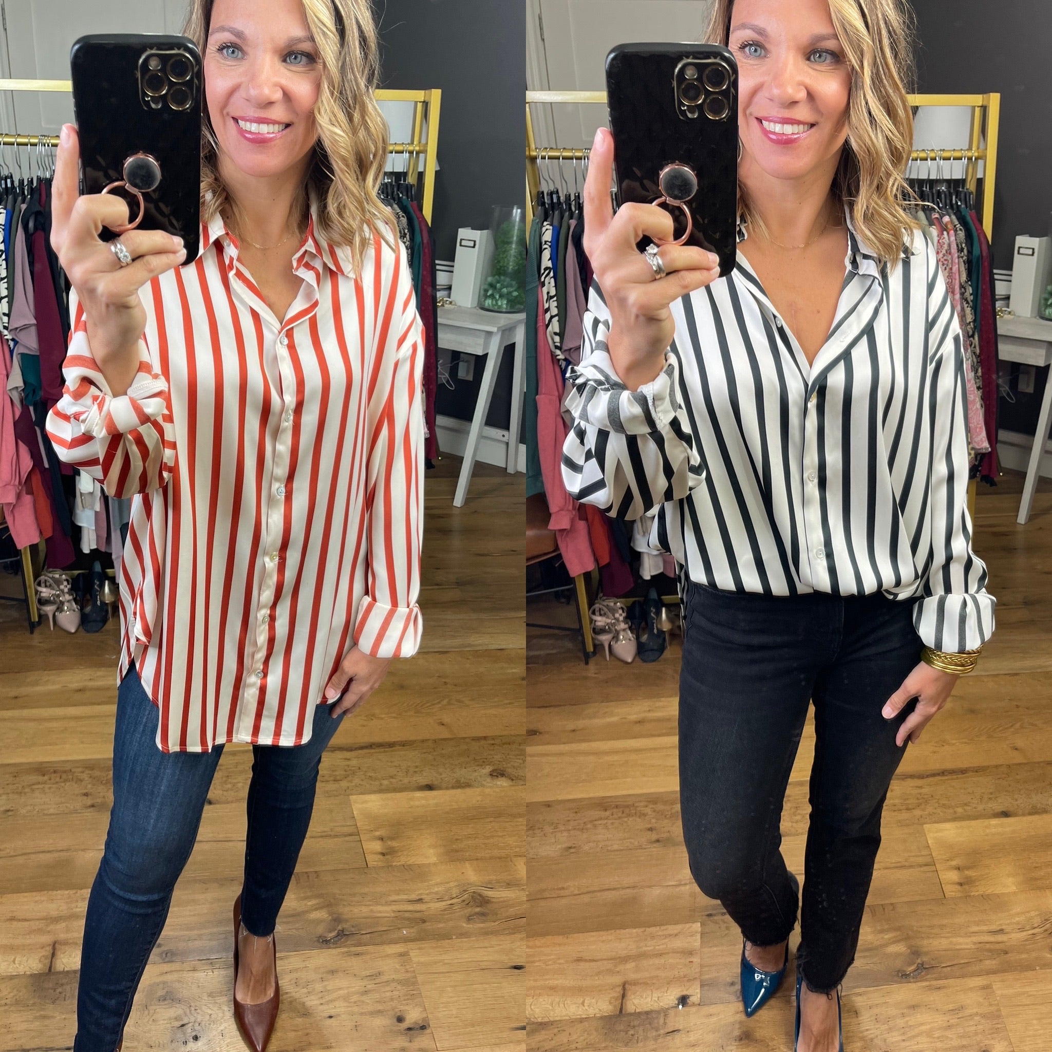 Great Idea Striped Button-Down Top - Multiple Options-Long Sleeves-Vine & Love VT81315-Anna Kaytes Boutique, Women's Fashion Boutique in Grinnell, Iowa