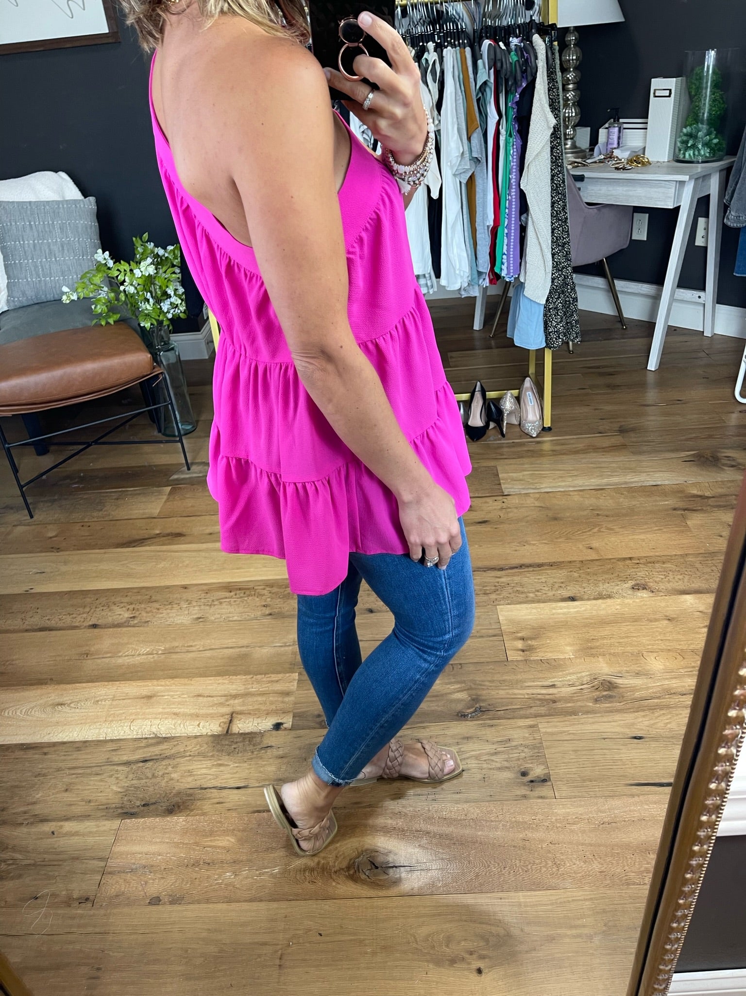 Take Too Long One Shoulder Tiered Top - Fuchsia-Sleeveless-Staccato 18612-Anna Kaytes Boutique, Women's Fashion Boutique in Grinnell, Iowa