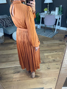 Lost With You Pleated Tie Waist Midi Dress With Smocked Detail - Spice-Dresses-She & Sky SS7935-Anna Kaytes Boutique, Women's Fashion Boutique in Grinnell, Iowa