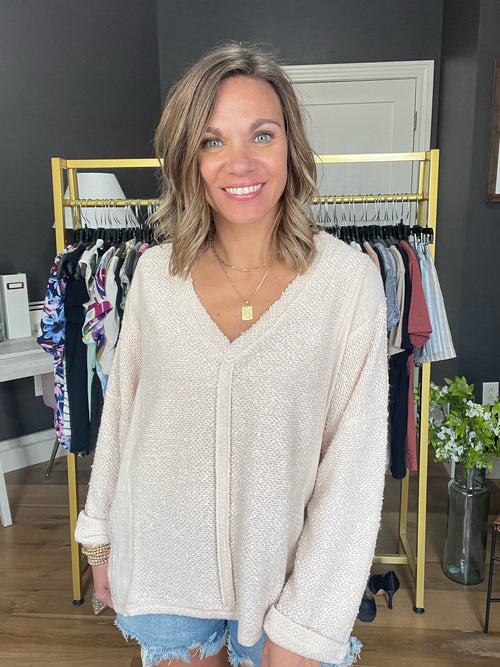 Chances Are Textured Contrasting V-Neck Top - Cream