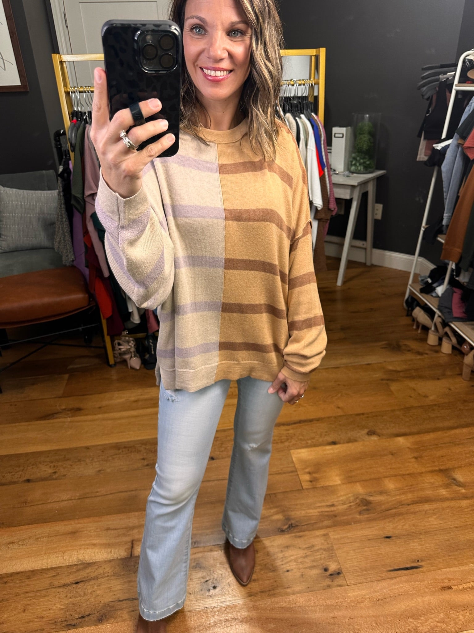 Here To Tell You Striped Contrasting Sweater - Mocha/Lavender