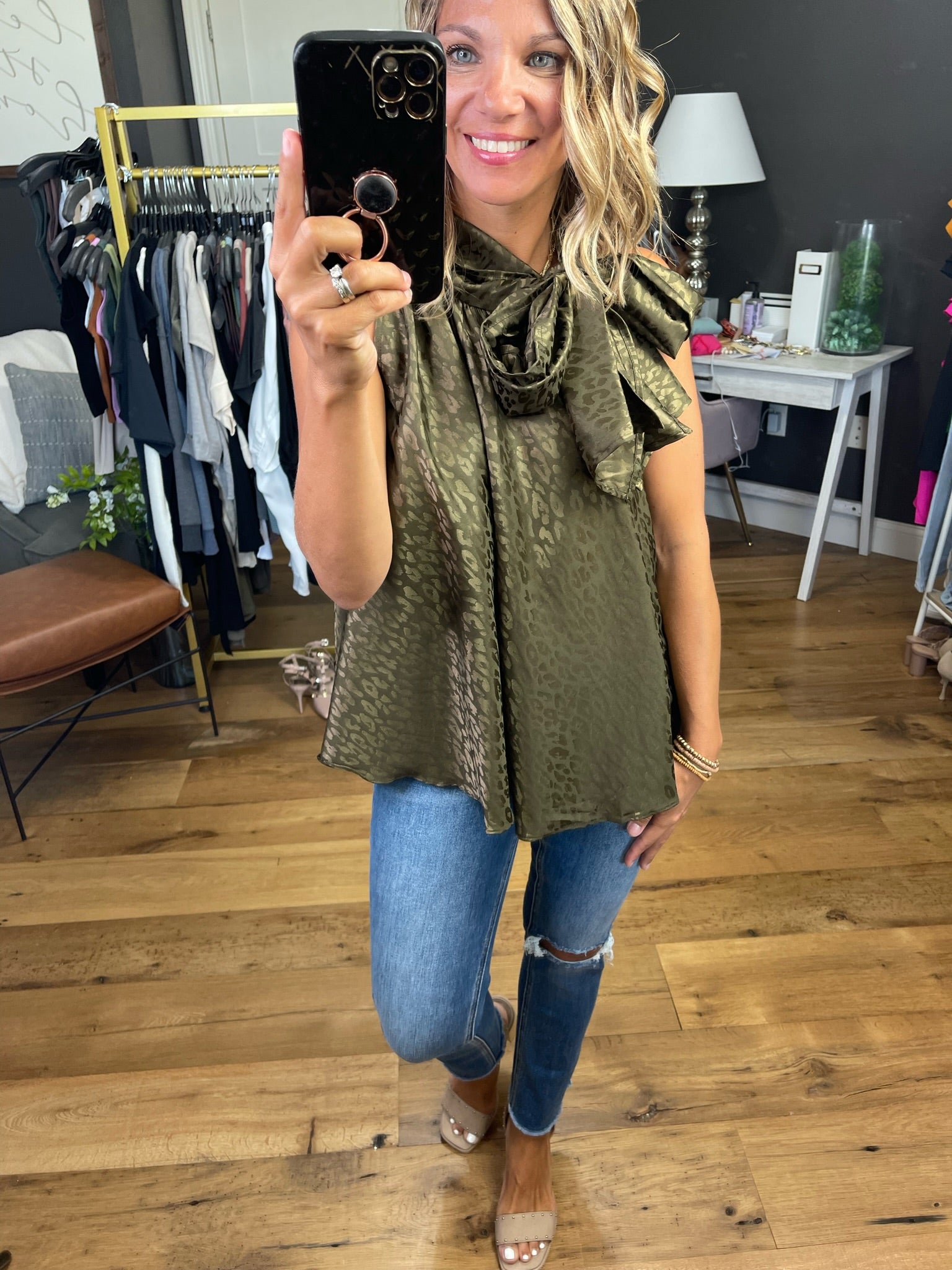 Racing Through My Brain High-Neck Top With Embossed Detail - Olive-Short Sleeves-Glam GT4571-Anna Kaytes Boutique, Women's Fashion Boutique in Grinnell, Iowa