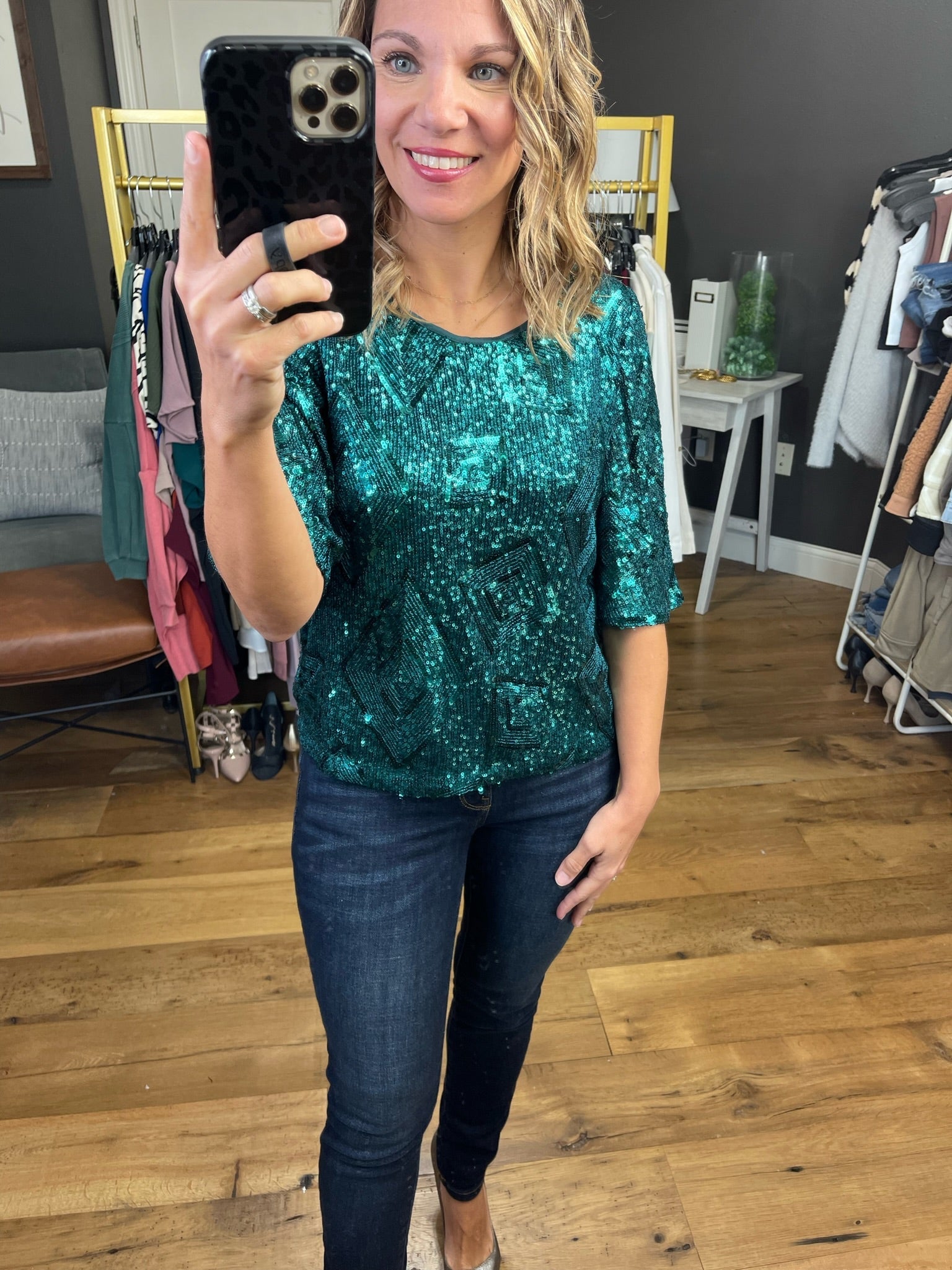 All Of The Lights Sequin-Detail Top - Hunter Green