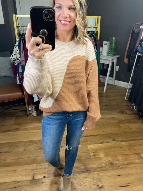 Plans Change Colorblock Textured Sweater - Oatmeal/Camel