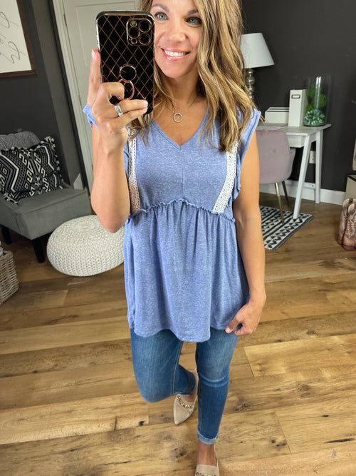 In The Air V-Neck Peplum Top With Ruffle & Crochet Detail - Navy