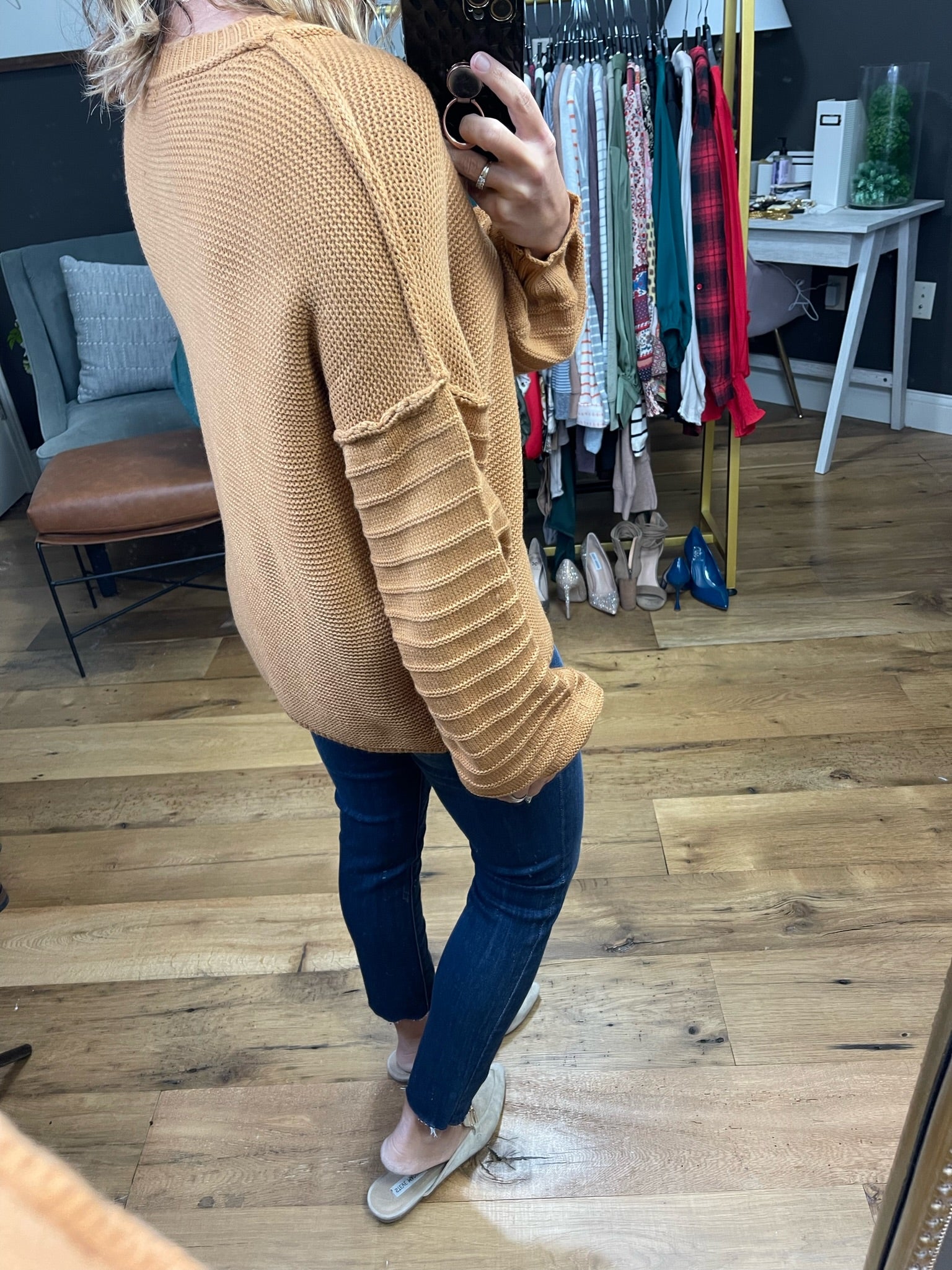 In My Mind Textured Sleeve Knit Sweater - Camel