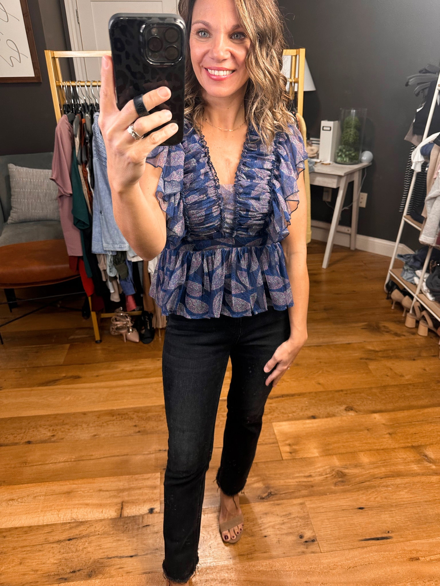 Never Question Peplum Top With Flutter Detail - Navy-Short Sleeves-Entro 17965-Anna Kaytes Boutique, Women's Fashion Boutique in Grinnell, Iowa