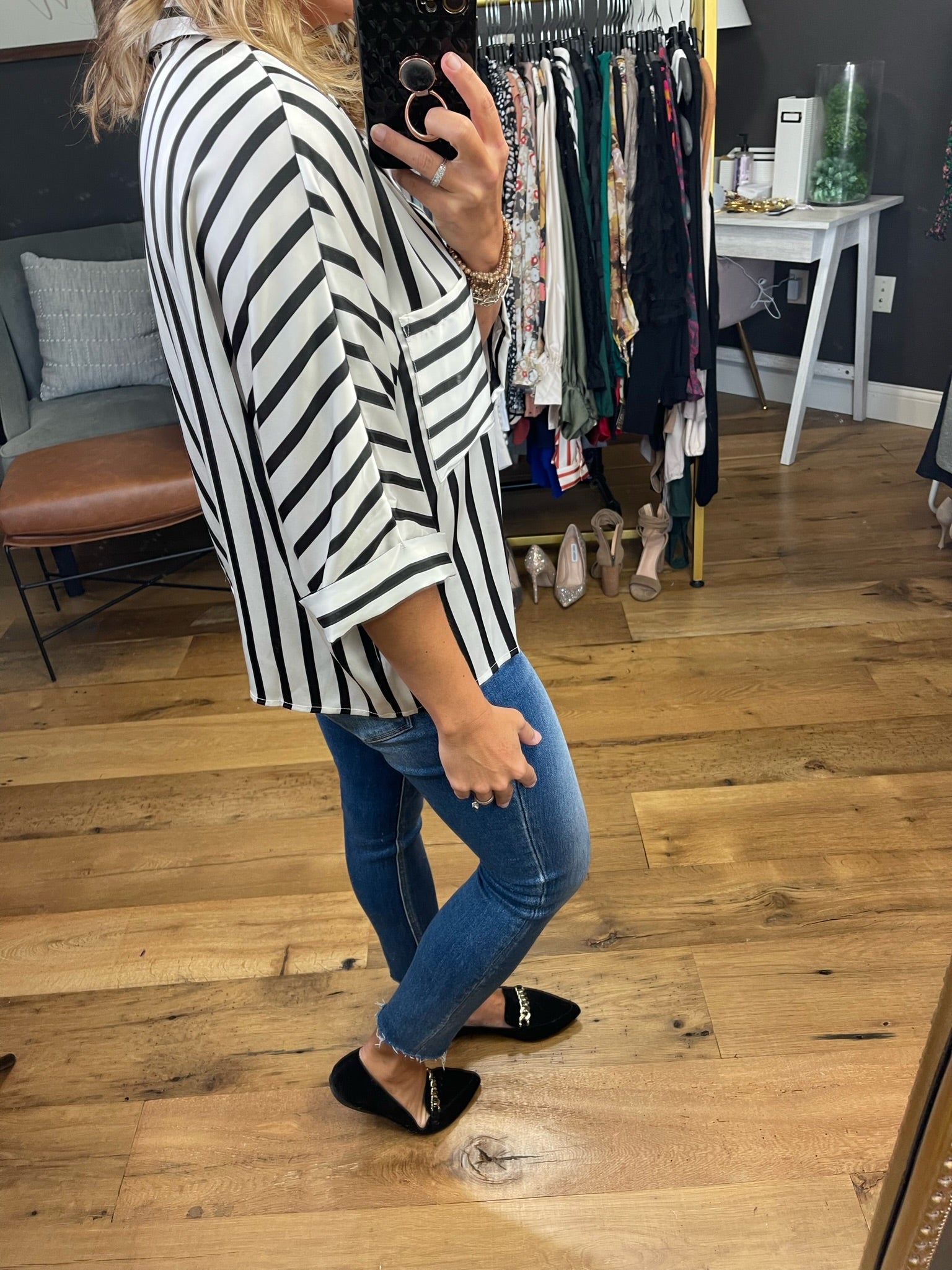 Don't Worry Darling Striped Button-Down Top With 1/2 Sleeve Detail - Black/White-Long Sleeves-Vine & Love VT602016-Anna Kaytes Boutique, Women's Fashion Boutique in Grinnell, Iowa