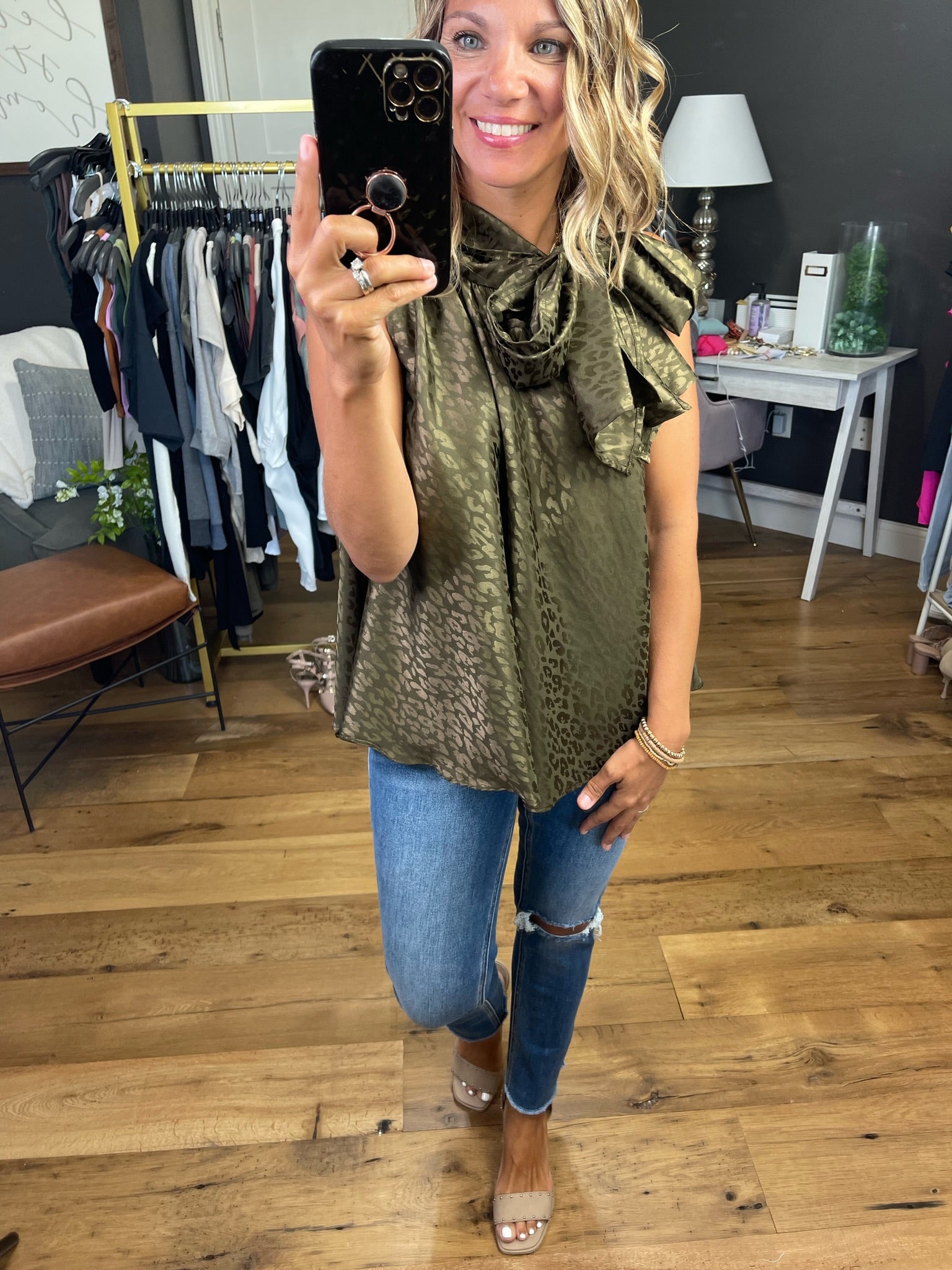 Racing Through My Brain High-Neck Top With Embossed Detail - Olive-Short Sleeves-Glam GT4571-Anna Kaytes Boutique, Women's Fashion Boutique in Grinnell, Iowa