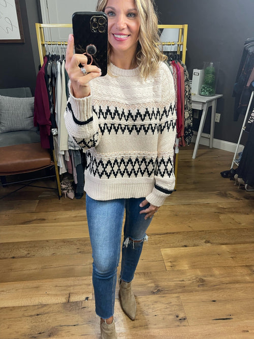 Halfway There Cable-Knit Crew Sweater - Cream/Black