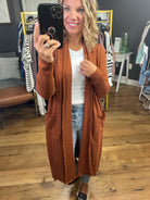 Believe In This Midi-Length Cardigan - Rust-Cardigans-Skies Are Blue-Anna Kaytes Boutique, Women's Fashion Boutique in Grinnell, Iowa