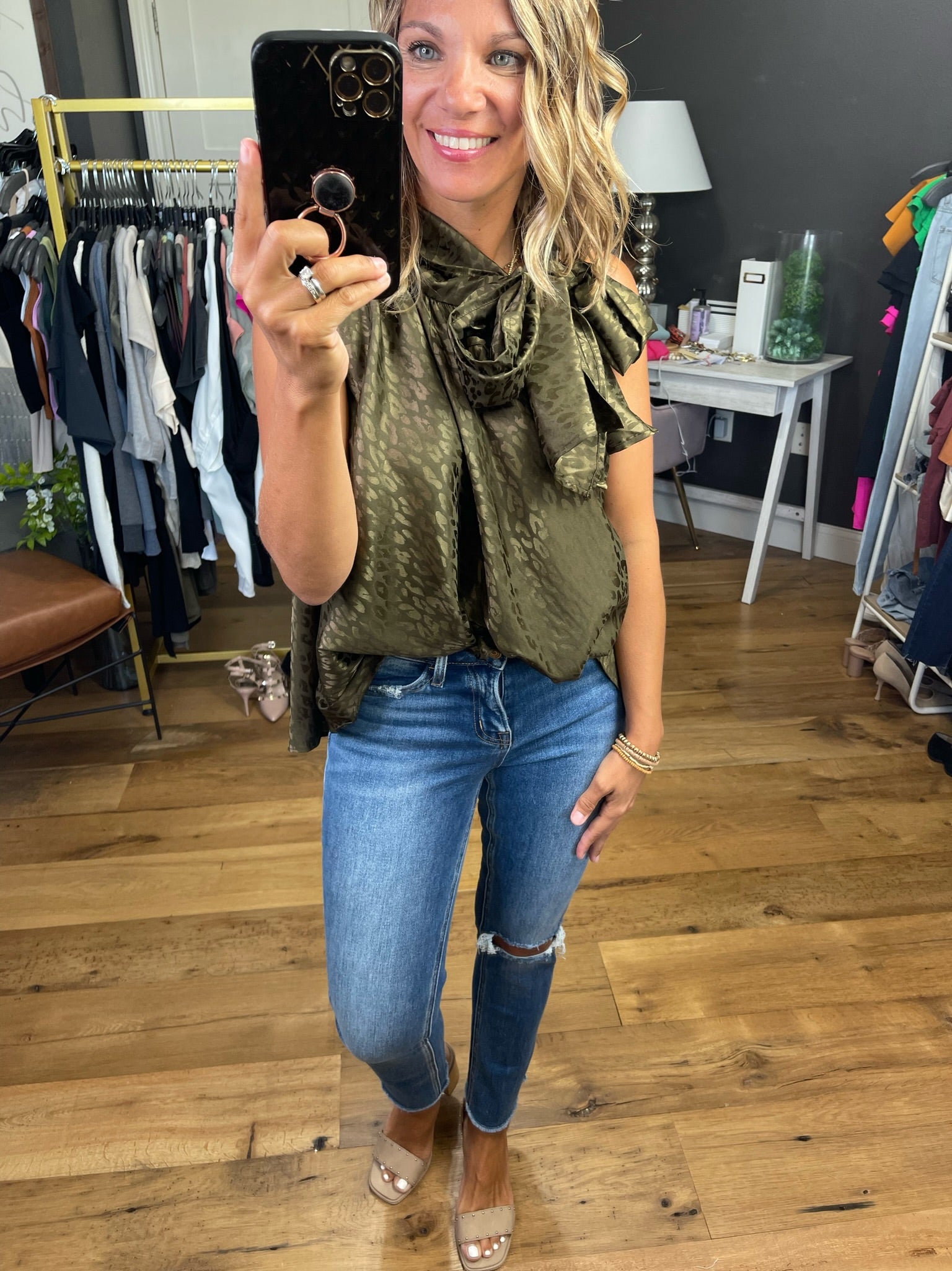 Racing Through My Brain High-Neck Top With Embossed Detail - Olive