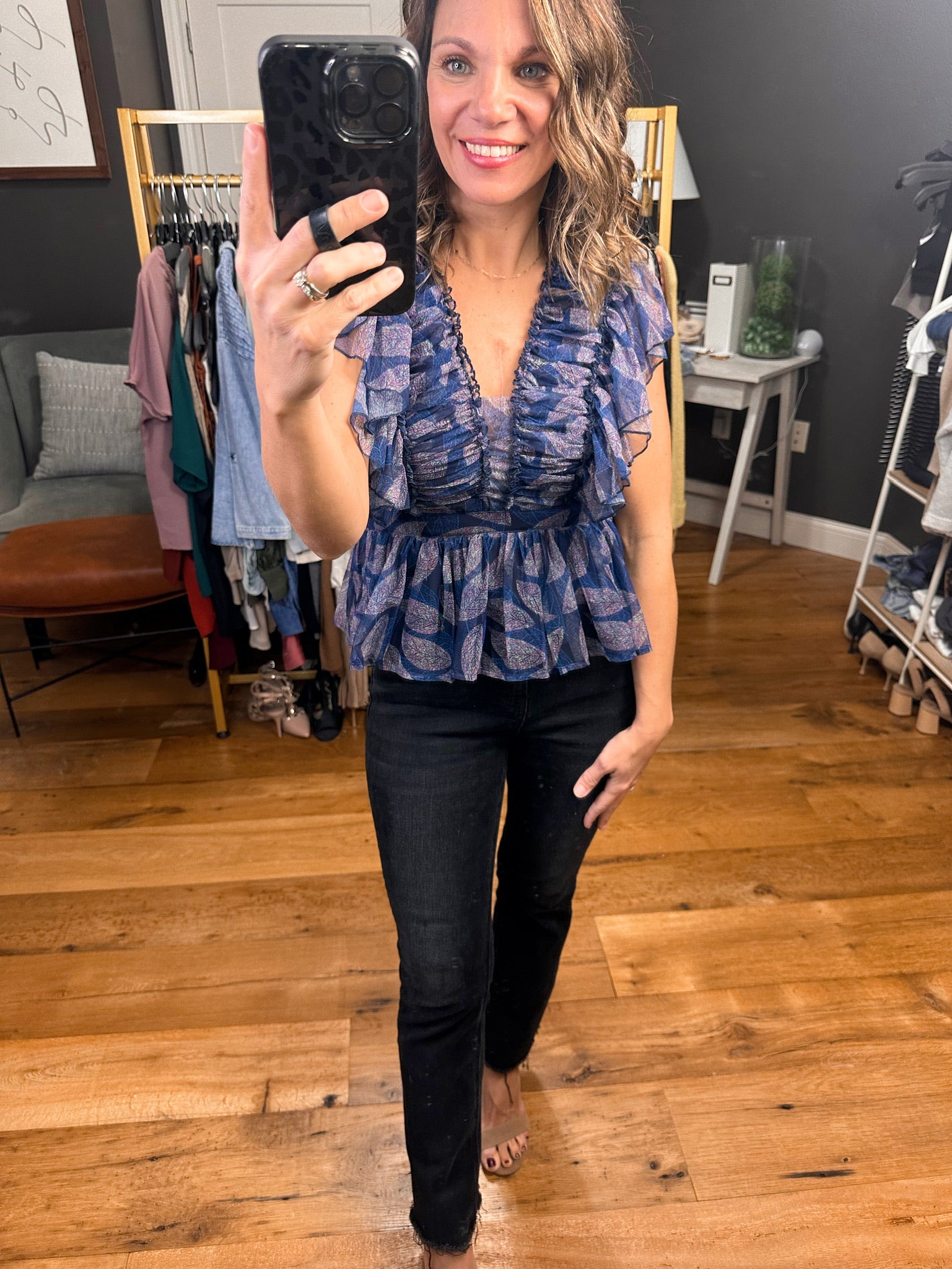 Never Question Peplum Top With Flutter Detail - Navy-Short Sleeves-Entro 17965-Anna Kaytes Boutique, Women's Fashion Boutique in Grinnell, Iowa