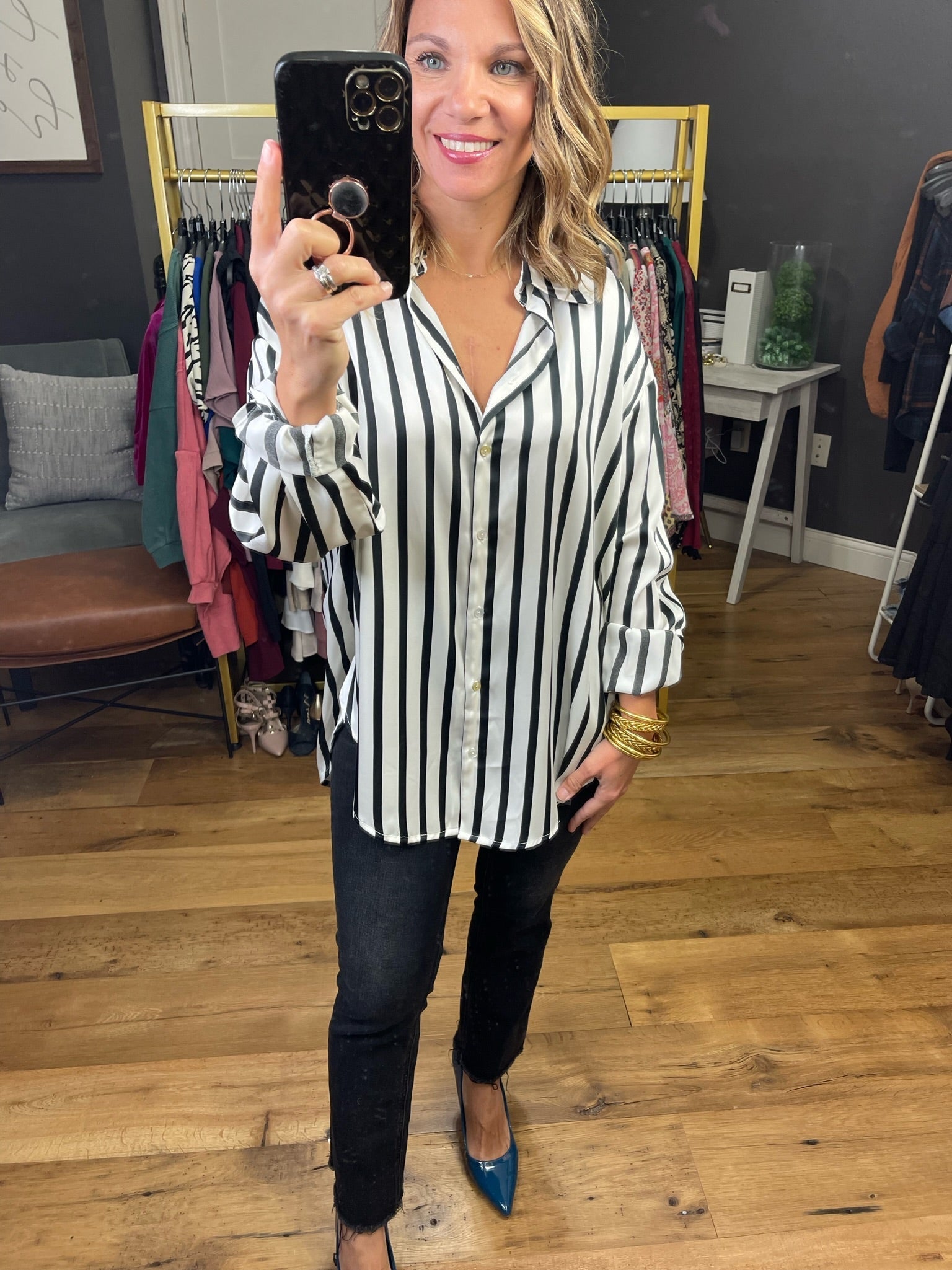 Great Idea Striped Button-Down Top - Multiple Options-Long Sleeves-Vine & Love VT81315-Anna Kaytes Boutique, Women's Fashion Boutique in Grinnell, Iowa