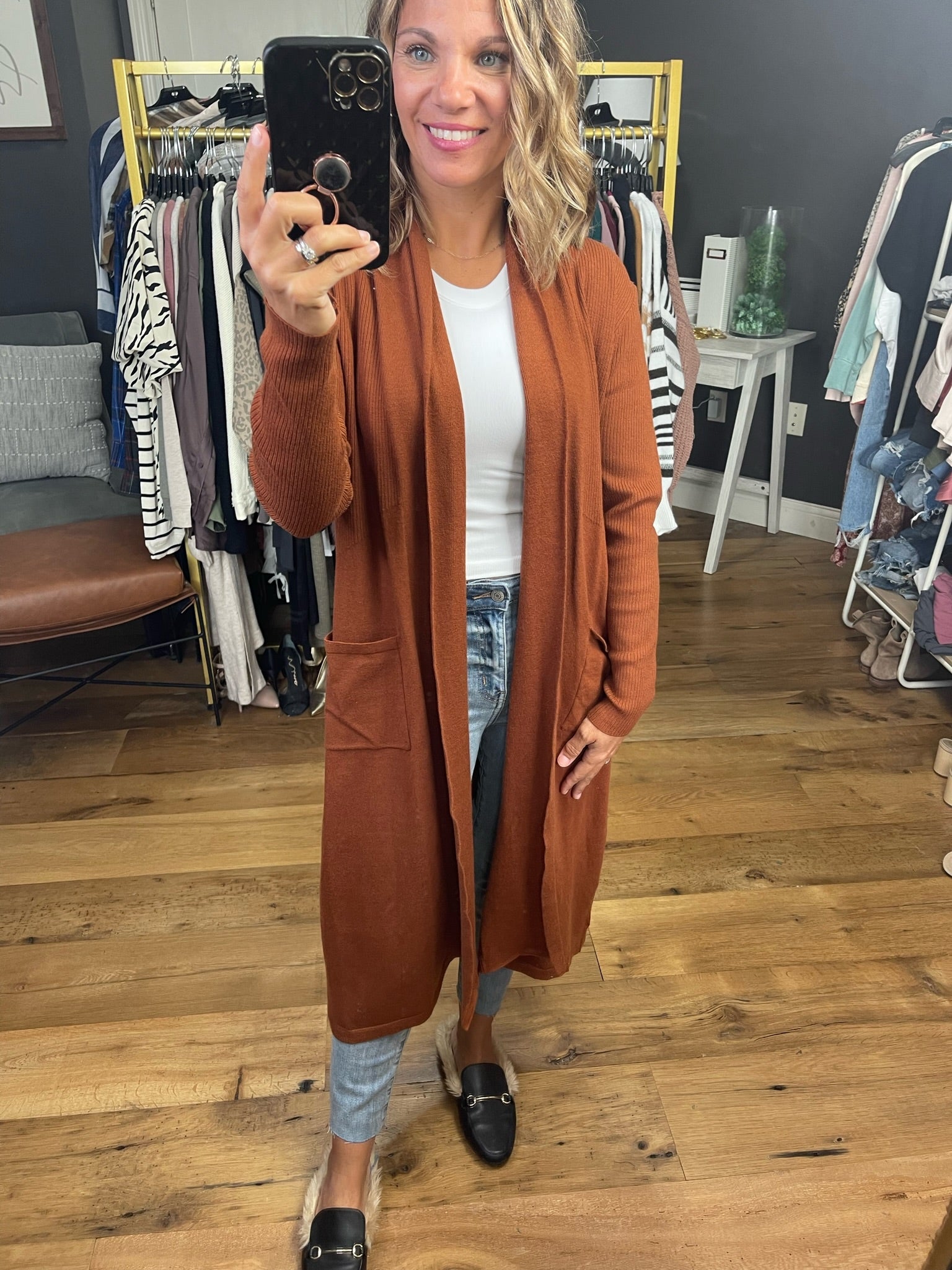 Believe In This Midi-Length Cardigan - Rust-Cardigans-Skies Are Blue-Anna Kaytes Boutique, Women's Fashion Boutique in Grinnell, Iowa