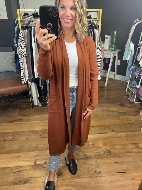 Believe In This Midi-Length Cardigan - Rust-Skies Are Blue-Anna Kaytes Boutique, Women's Fashion Boutique in Grinnell, Iowa