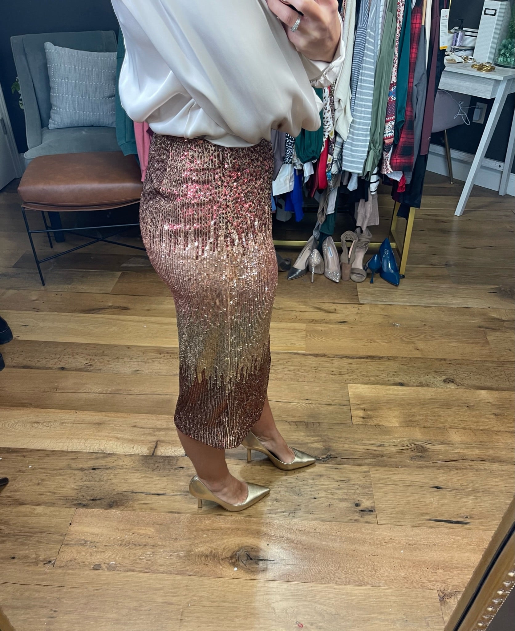 All The Glitz Ombre Sequin Pencil Skirt - Amber Ombre-Skirts-Skies Are Blue 52454-Anna Kaytes Boutique, Women's Fashion Boutique in Grinnell, Iowa