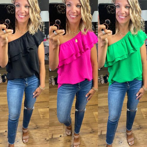 Steal Your Thunder Ruffle Detail One-Shoulder Top - Multiple Options