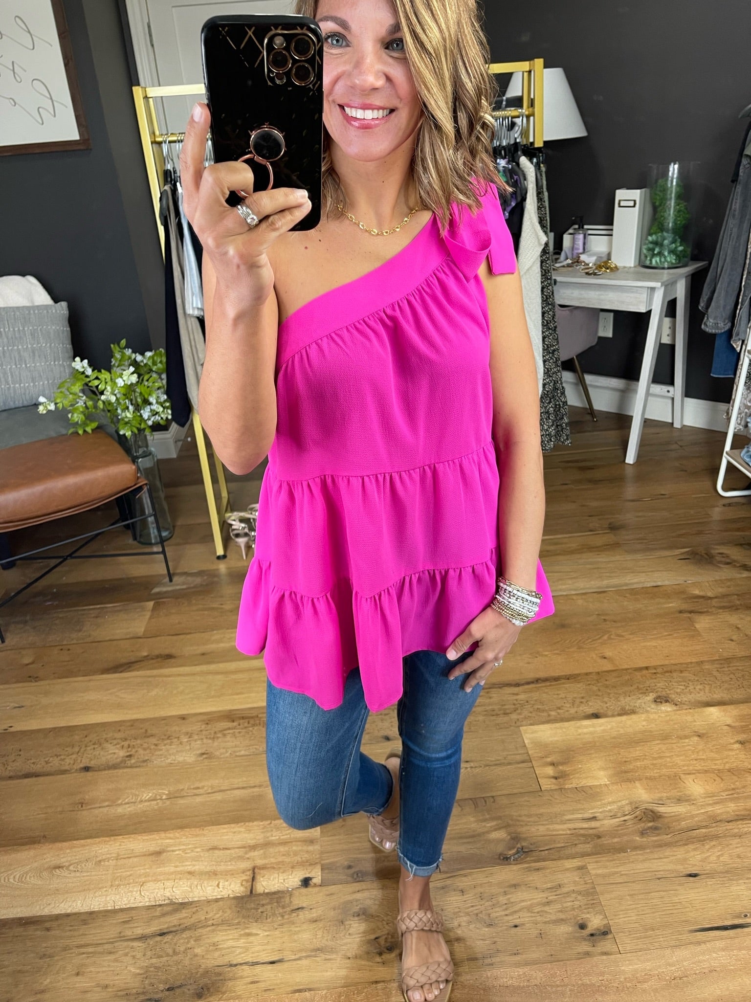 Take Too Long One Shoulder Tiered Top - Fuchsia