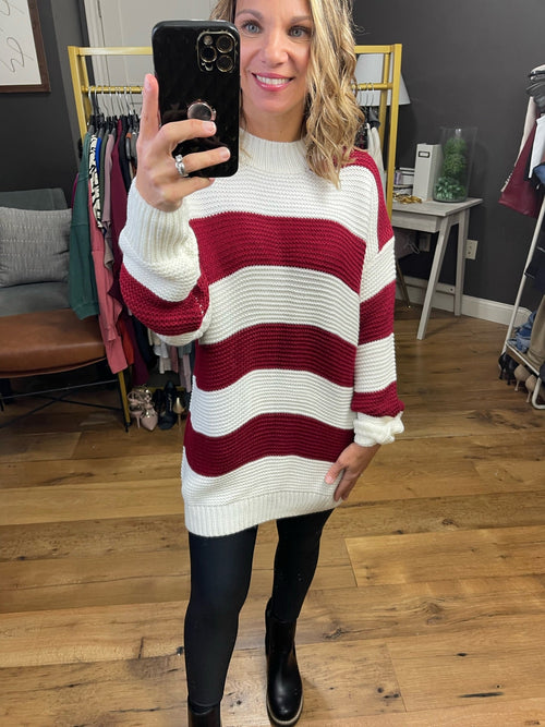 Looking Good Striped Knit Sweater - Burgundy/Ivory