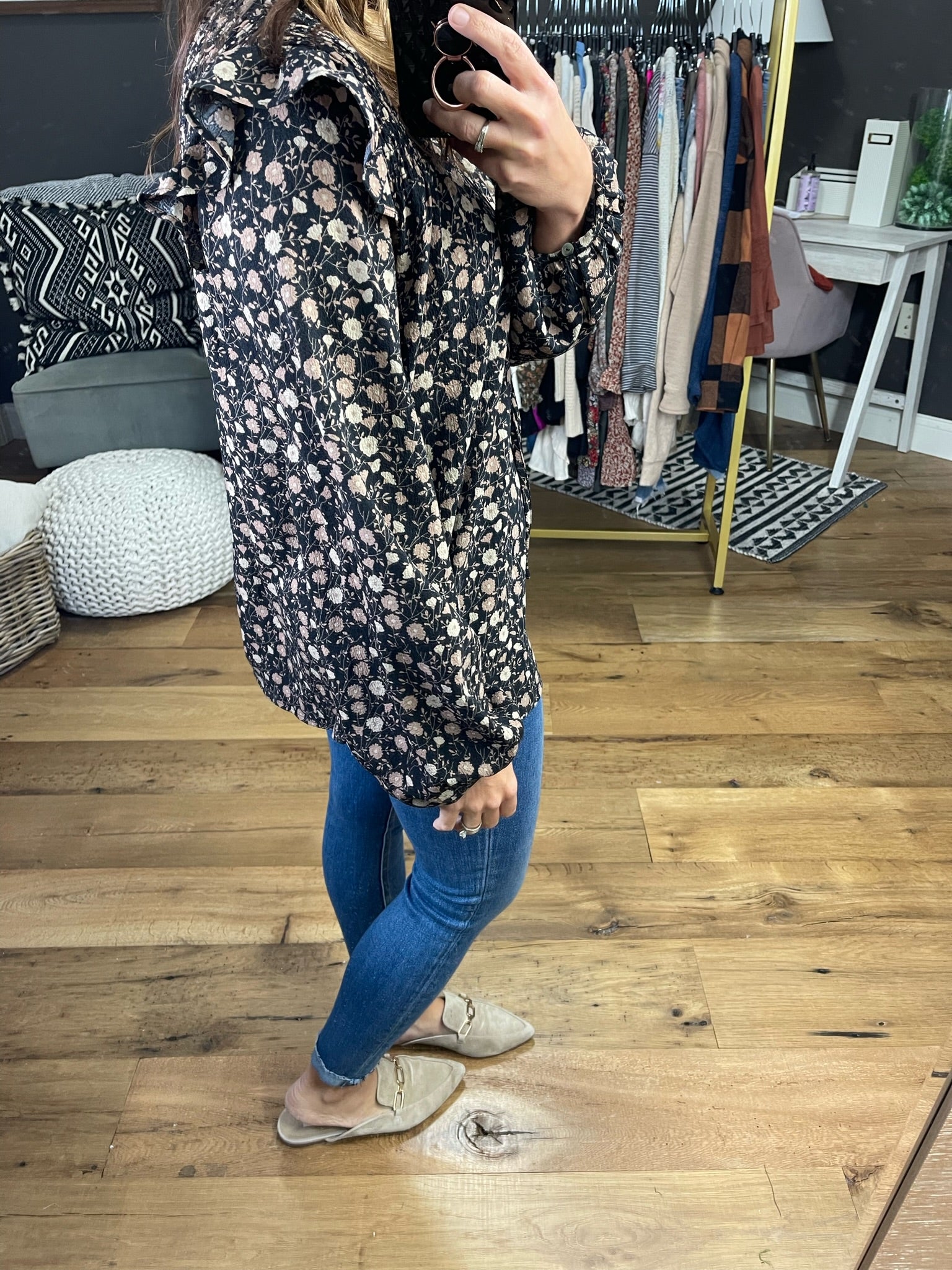 Any Other Day Floral Blouse With Flutter Sleeve Detail - Black