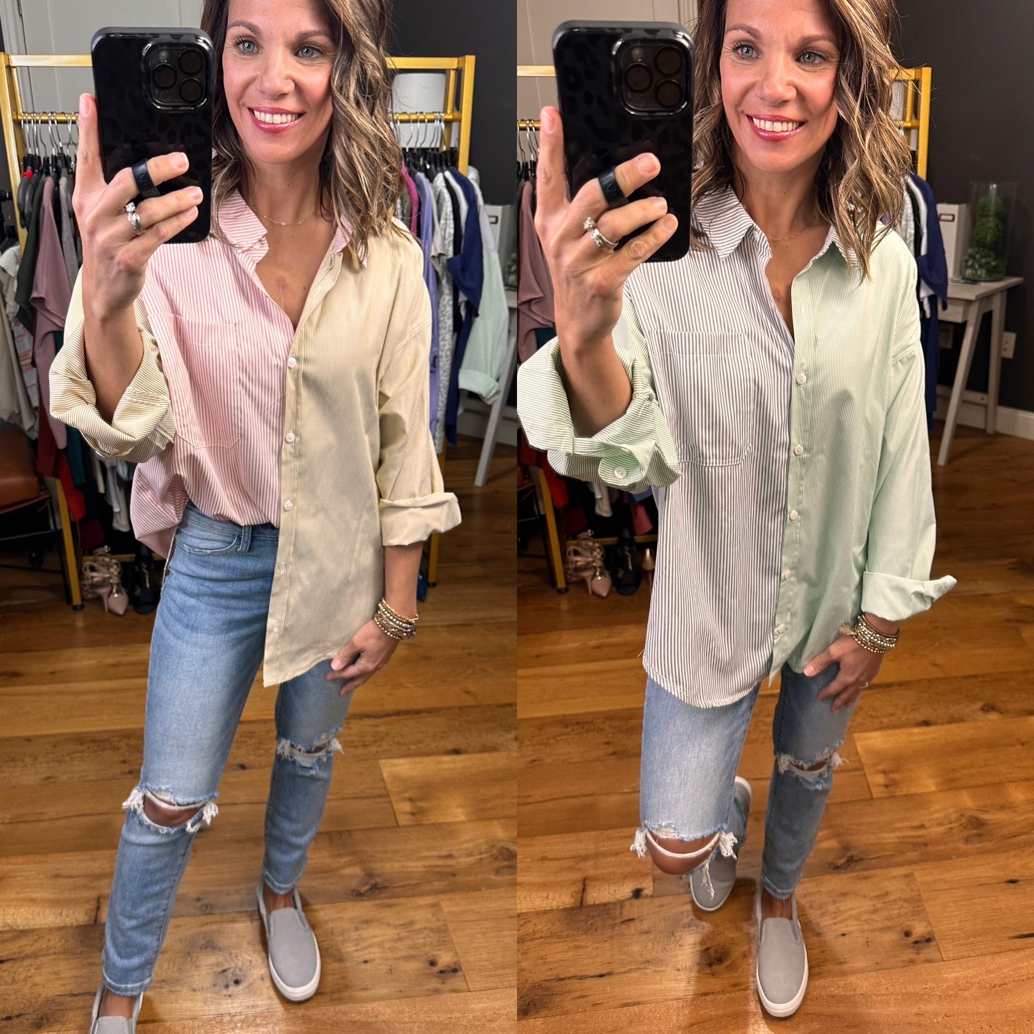 Greatest Desire Two-Toned Boyfriend Button Down Top - Multiple Options