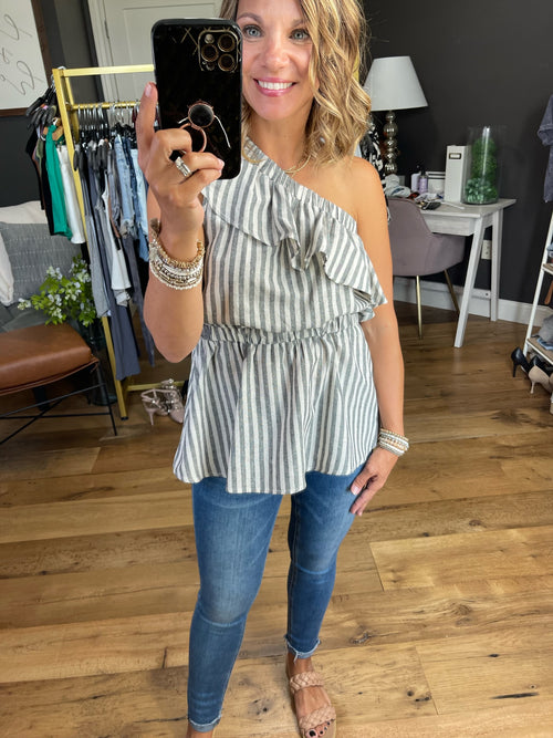 Make It Up To Me One-Shoulder Peplum Top - Charcoal-Andree By Unit T10063-Anna Kaytes Boutique, Women's Fashion Boutique in Grinnell, Iowa