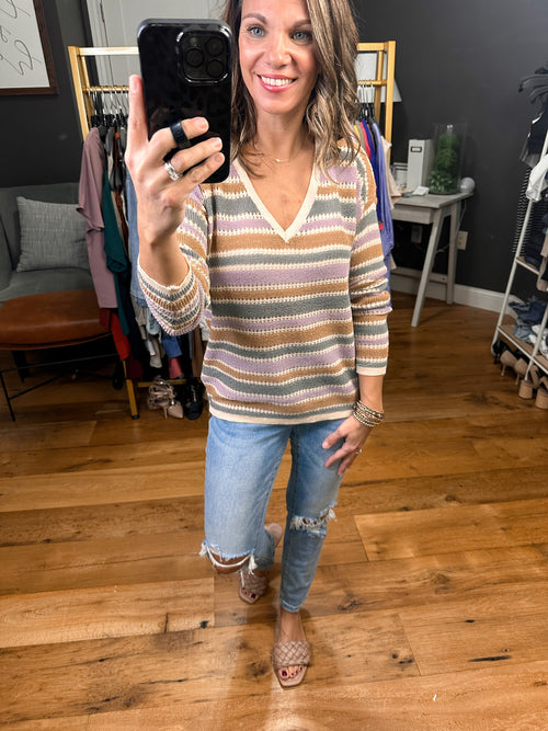 In The Past Striped V-Neck Lightweight Sweater - Purple/Teal/Taupe