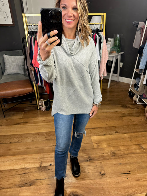 Just Right Ribbed Cowl-Neck Top - Grey