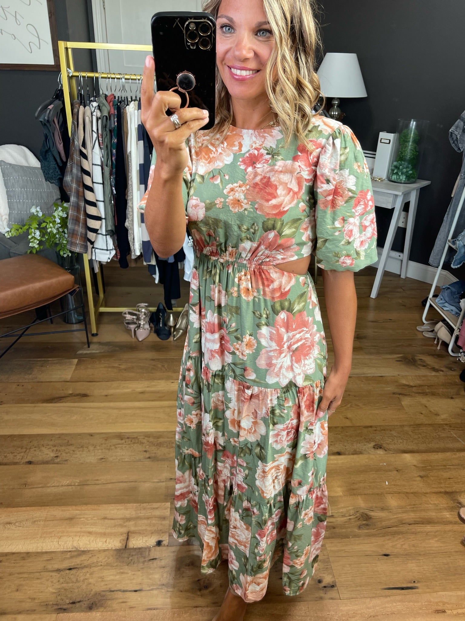 Right From The Start Floral Dress With Statement Sleeve And Side Cut-Out Detail - Sage