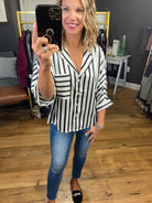 Don't Worry Darling Striped Button-Down Top With 1/2 Sleeve Detail - Black/White-Long Sleeves-Vine & Love VT602016-Anna Kaytes Boutique, Women's Fashion Boutique in Grinnell, Iowa