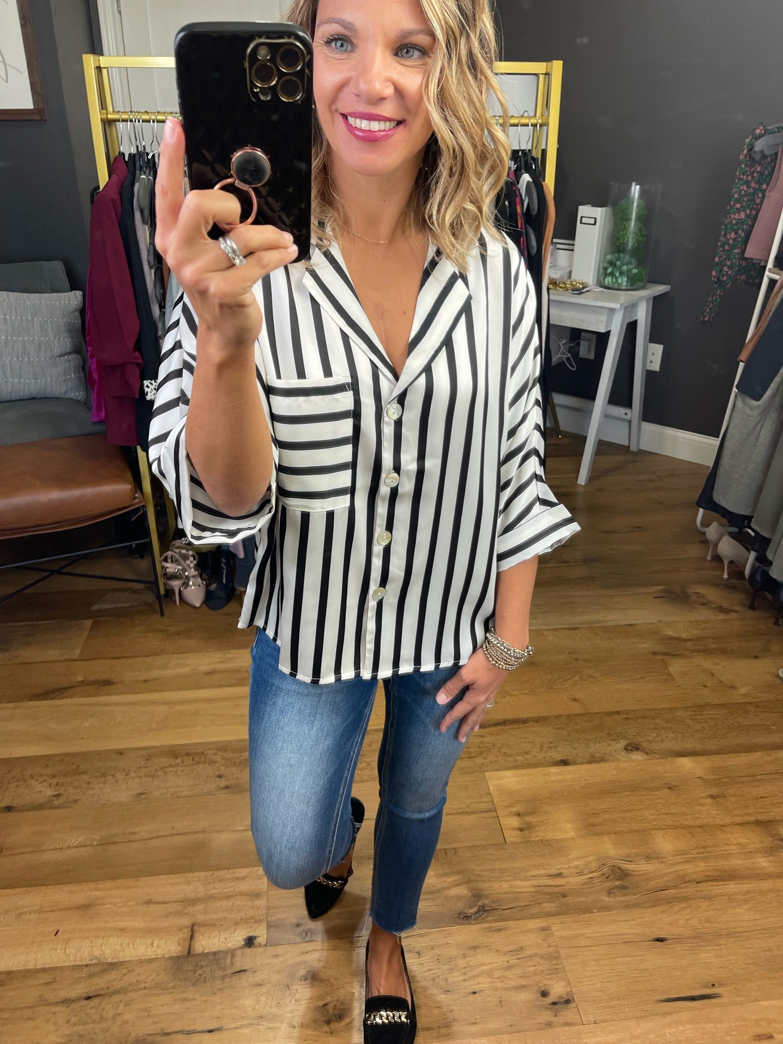 Don't Worry Darling Striped Button-Down Top With 1/2 Sleeve Detail - Black/White-Long Sleeves-Vine & Love VT602016-Anna Kaytes Boutique, Women's Fashion Boutique in Grinnell, Iowa