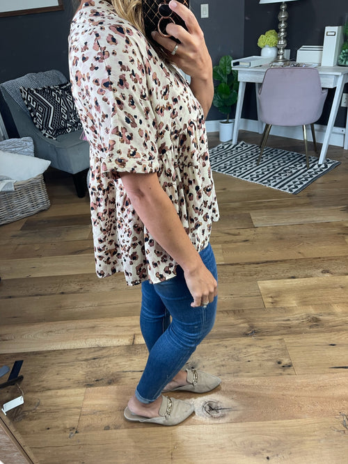In Capital Letters V-Neck Peplum Blouse With Tie-Back Detail - Sand