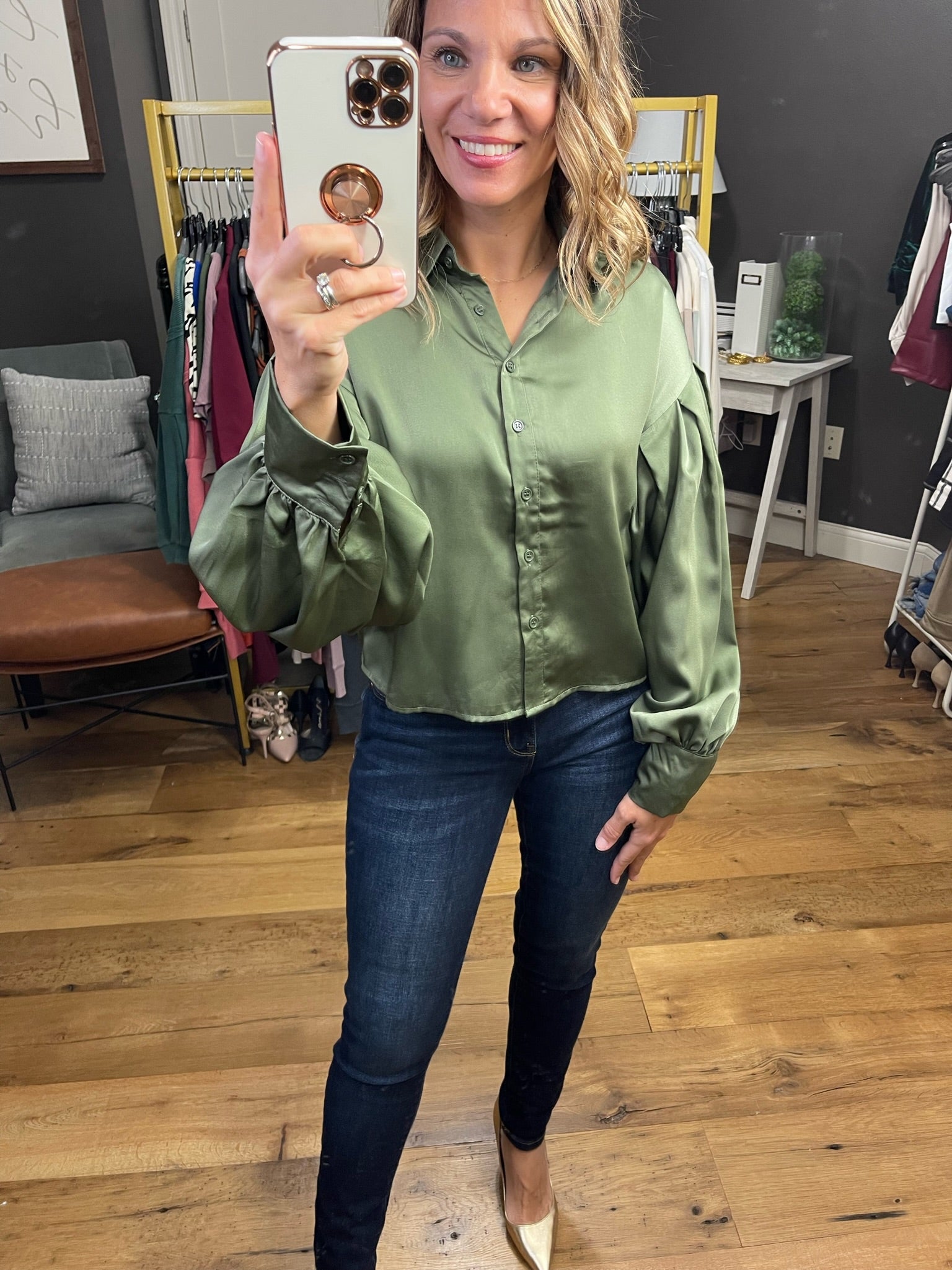 For The Better Balloon Sleeve Button Down Top - Olive