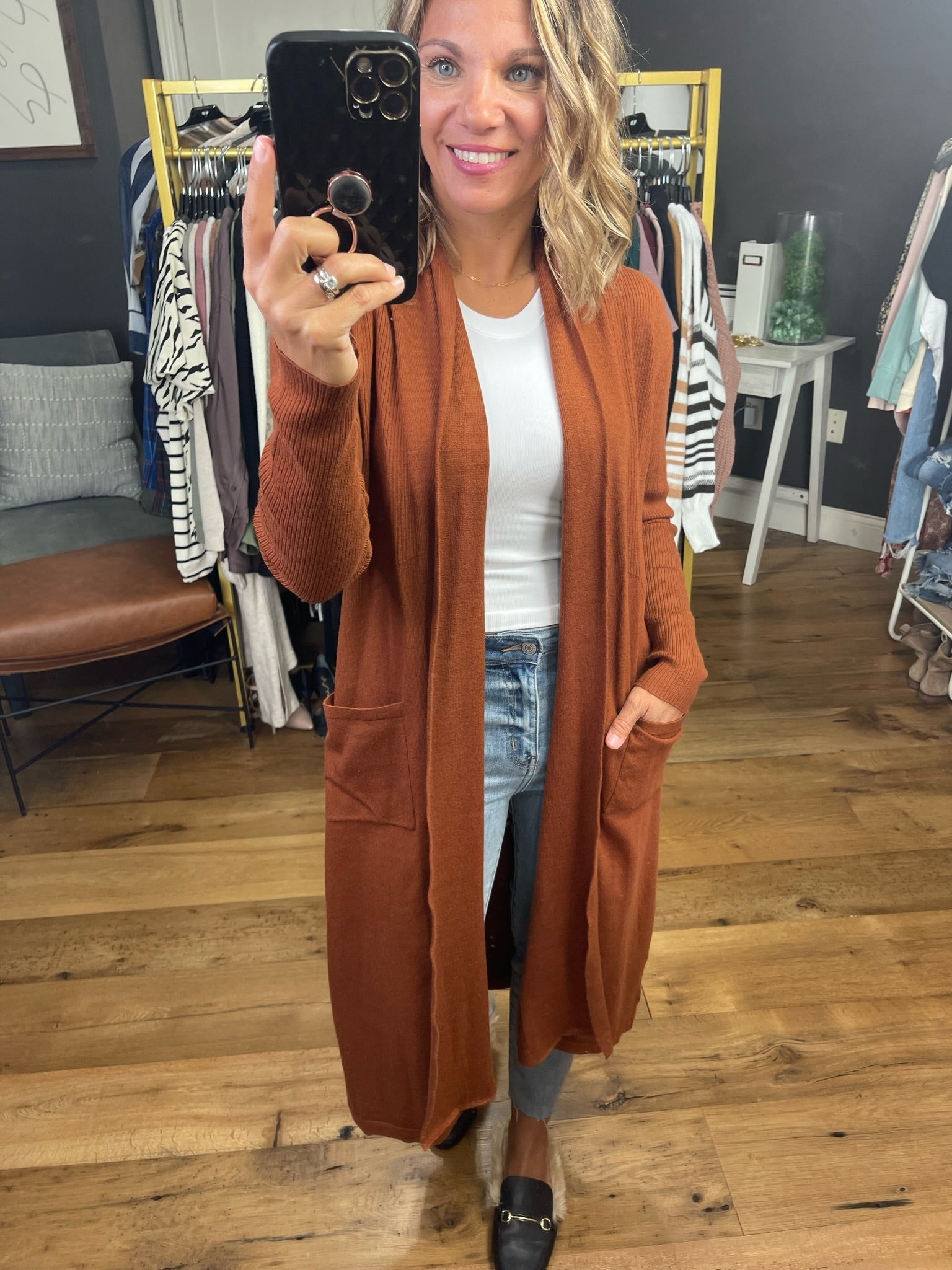 Believe In This Midi-Length Cardigan - Rust-Cardigans-Skies Are Blue-Anna Kaytes Boutique, Women's Fashion Boutique in Grinnell, Iowa