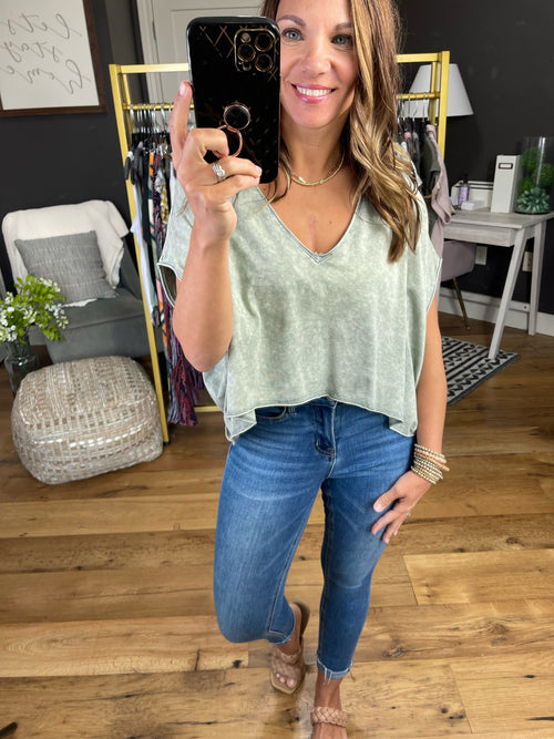 Just To See You Cropped V-Neck Top - Washed Olive