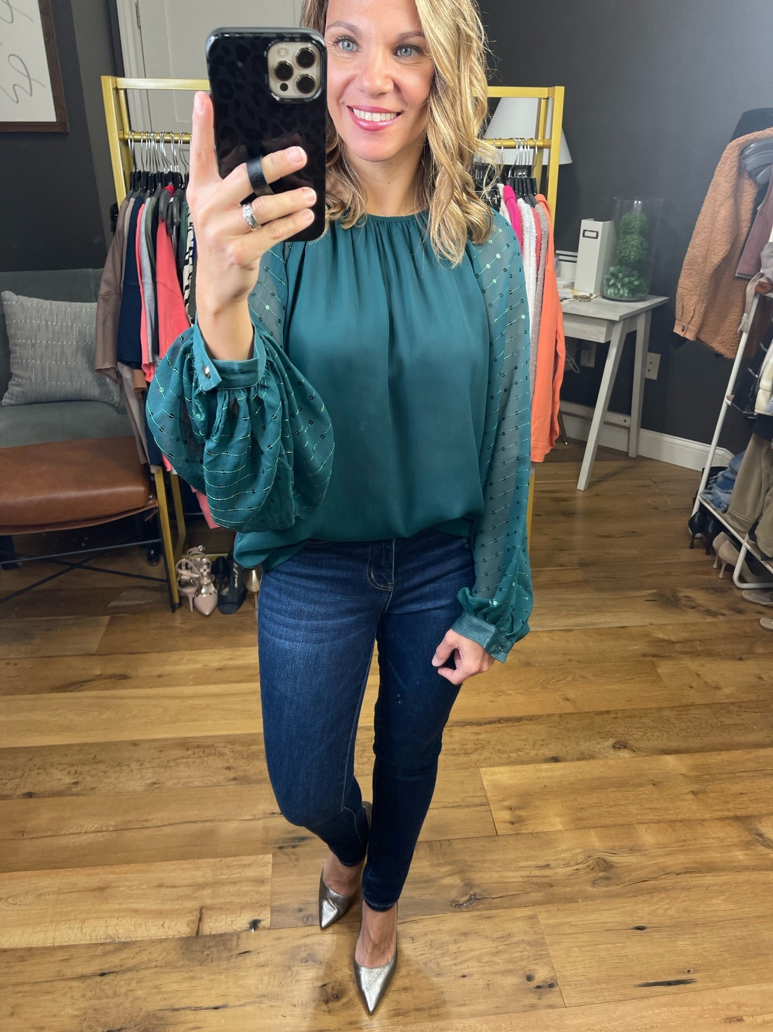 Miss Me Balloon Sleeve Top With Sequin Detail - Multiple Options-Long Sleeves-Vine & Love VT31779-Anna Kaytes Boutique, Women's Fashion Boutique in Grinnell, Iowa