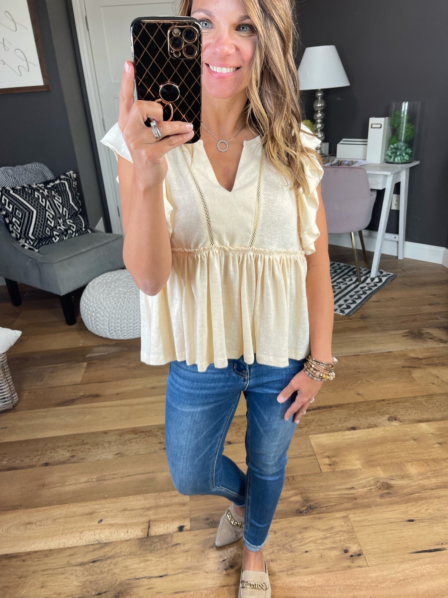 It Just Comes Natural Ruffle Peplum V-Neck - Multiple Options-Short Sleeves-Millibon IT31412-Anna Kaytes Boutique, Women's Fashion Boutique in Grinnell, Iowa