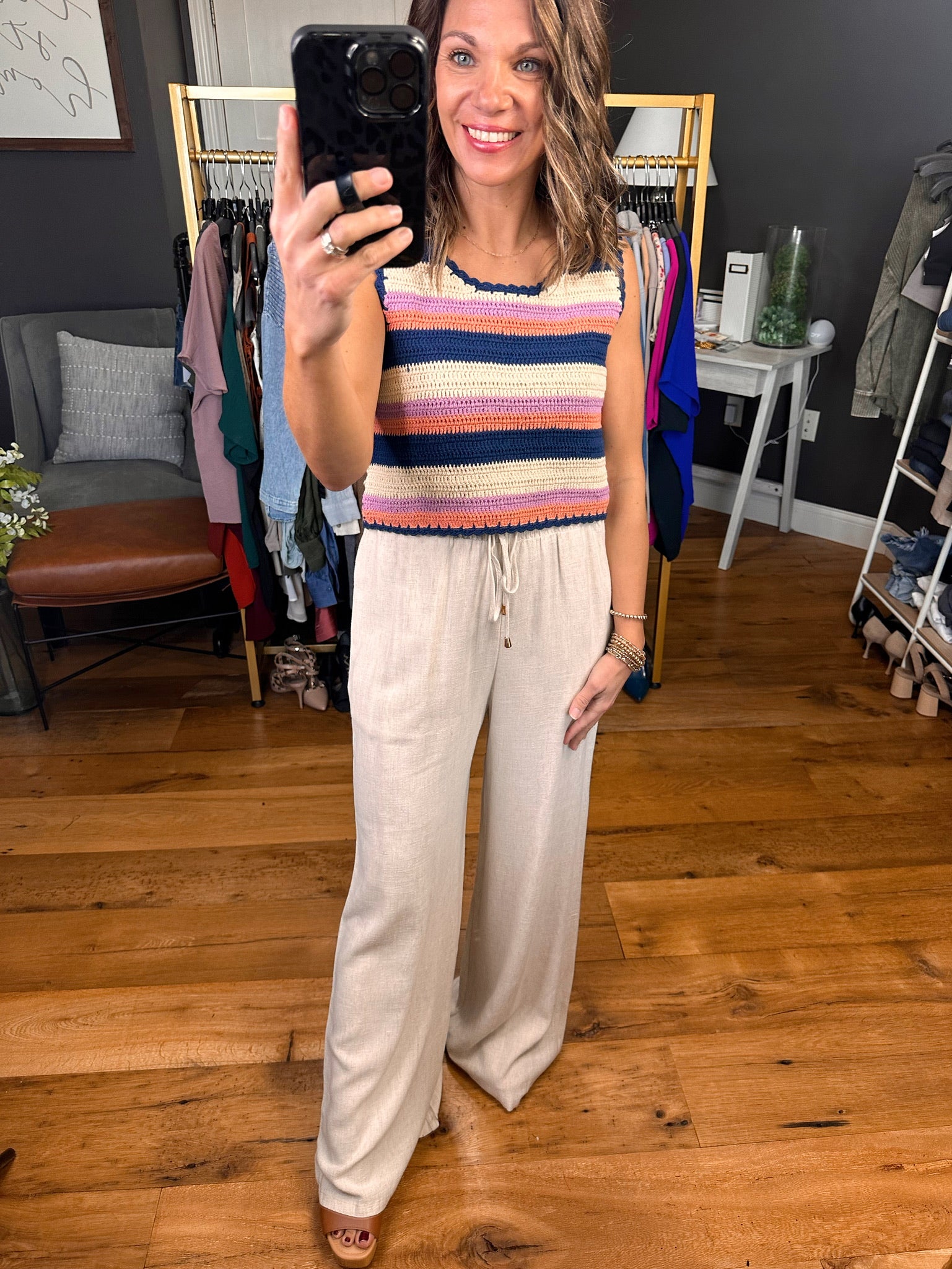 Meet At Monte Carlo Crochet Striped Top - Navy Multi-Short Sleeves-By Together W1161-Anna Kaytes Boutique, Women's Fashion Boutique in Grinnell, Iowa