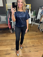 This Part Sequin-Detail Top - Navy-Short Sleeves-Skies Are Blue 44630-Anna Kaytes Boutique, Women's Fashion Boutique in Grinnell, Iowa