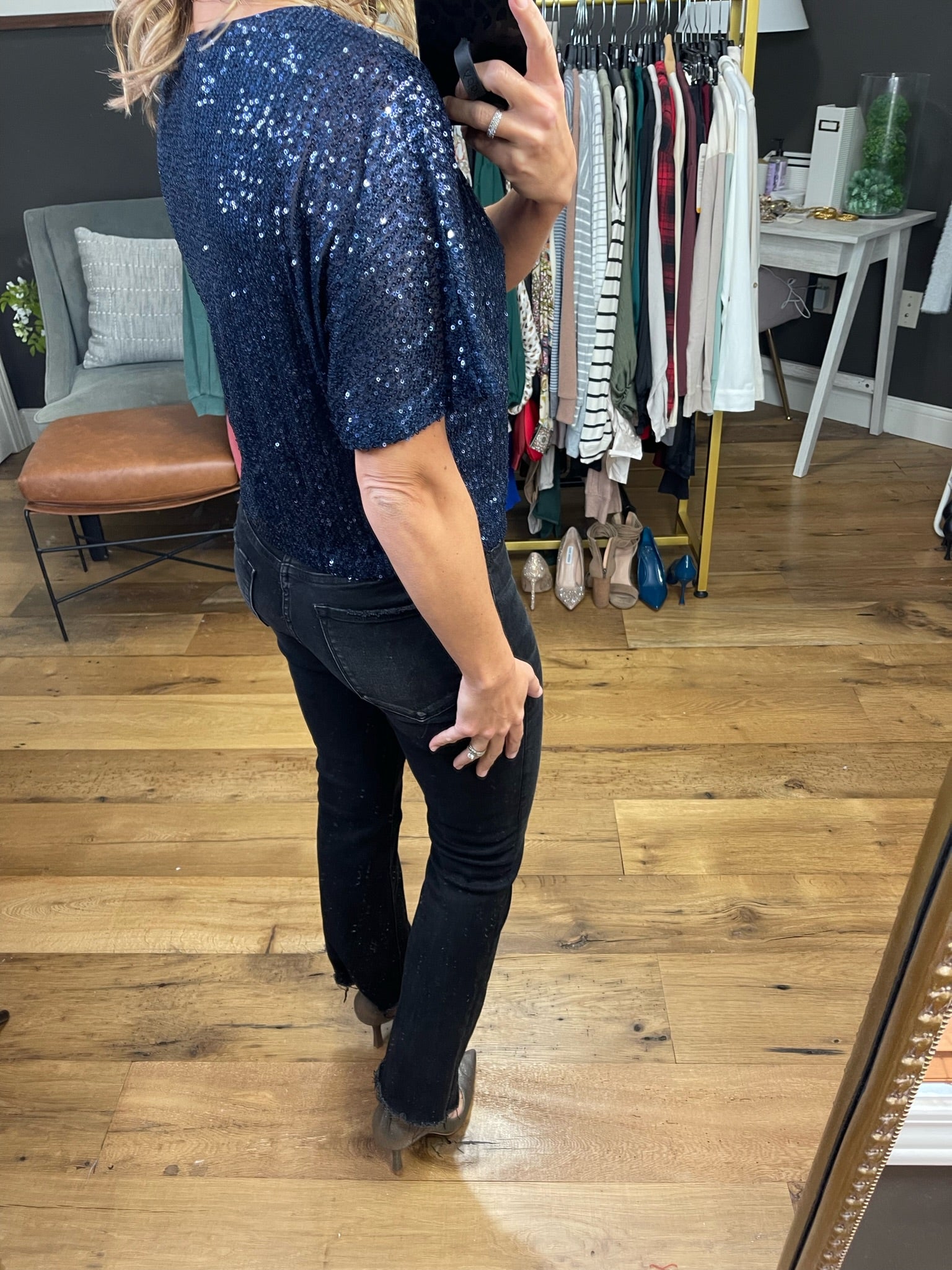 This Part Sequin-Detail Top - Navy-Short Sleeves-Skies Are Blue 44630-Anna Kaytes Boutique, Women's Fashion Boutique in Grinnell, Iowa