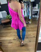 Take Too Long One Shoulder Tiered Top - Fuchsia-Sleeveless-Staccato 18612-Anna Kaytes Boutique, Women's Fashion Boutique in Grinnell, Iowa