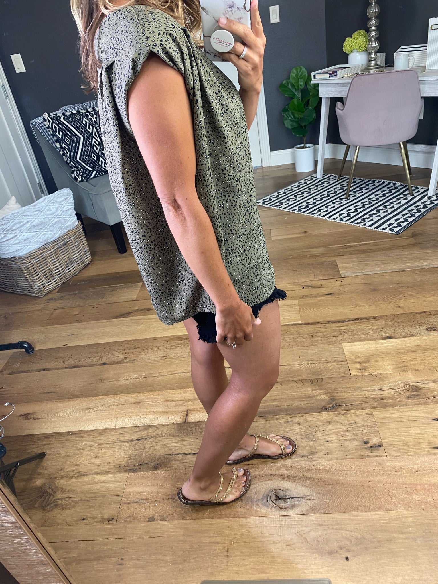 Out Of This Town Pleated Shoulder Top With Subtle Print Detail with shoulder pads- Olive-Short Sleeves-Entro T16575-Anna Kaytes Boutique, Women's Fashion Boutique in Grinnell, Iowa