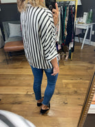 Don't Worry Darling Striped Button-Down Top With 1/2 Sleeve Detail - Black/White-Long Sleeves-Vine & Love VT602016-Anna Kaytes Boutique, Women's Fashion Boutique in Grinnell, Iowa