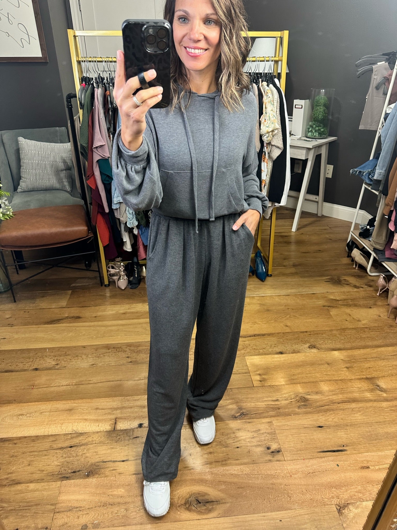 Caught Up Hoodie/Flare Lounge Set - Charcoal