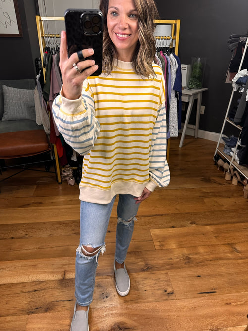 All The Feels Contrasting Striped Crew - Ivory/Yellow/Blue