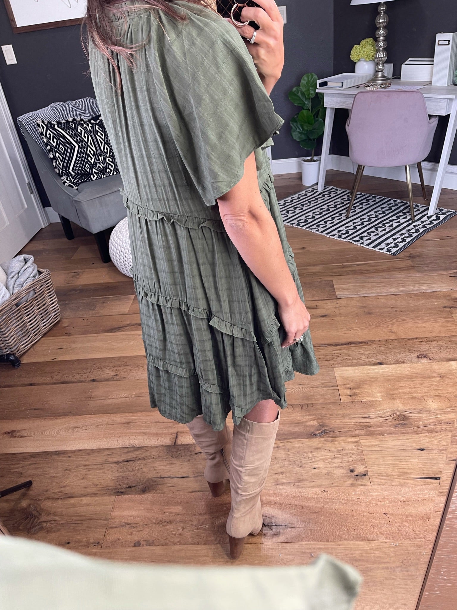 Waiting On Tonight Tiered V-Neck Dress With Ruffle Detail - Dark Sage-Entro-Anna Kaytes Boutique, Women's Fashion Boutique in Grinnell, Iowa