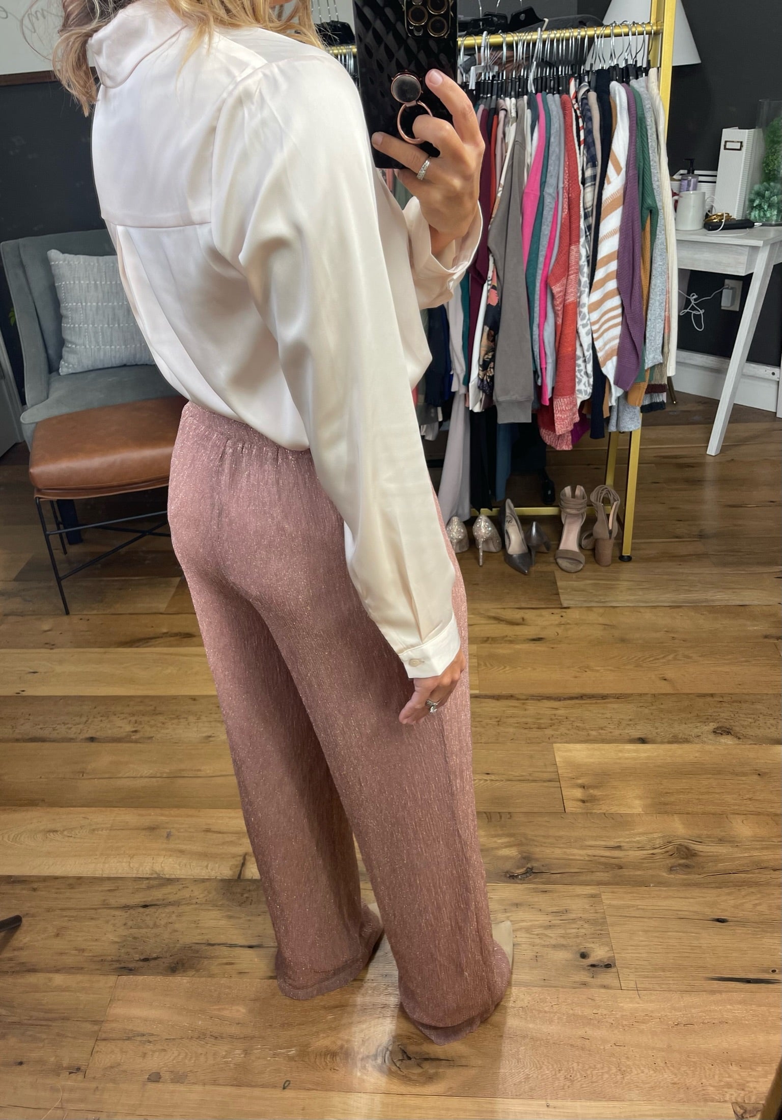 The Beth Wide Leg Shimmer Pant - Rose-Pants-Skies Are Blue-Anna Kaytes Boutique, Women's Fashion Boutique in Grinnell, Iowa